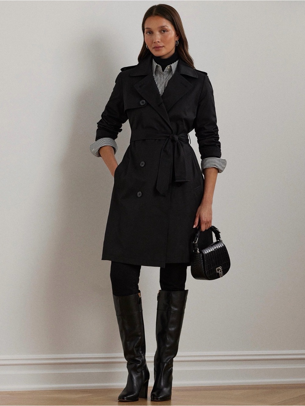 Lauren Ralph Lauren Black Equestrian Belted Trench Coat SP